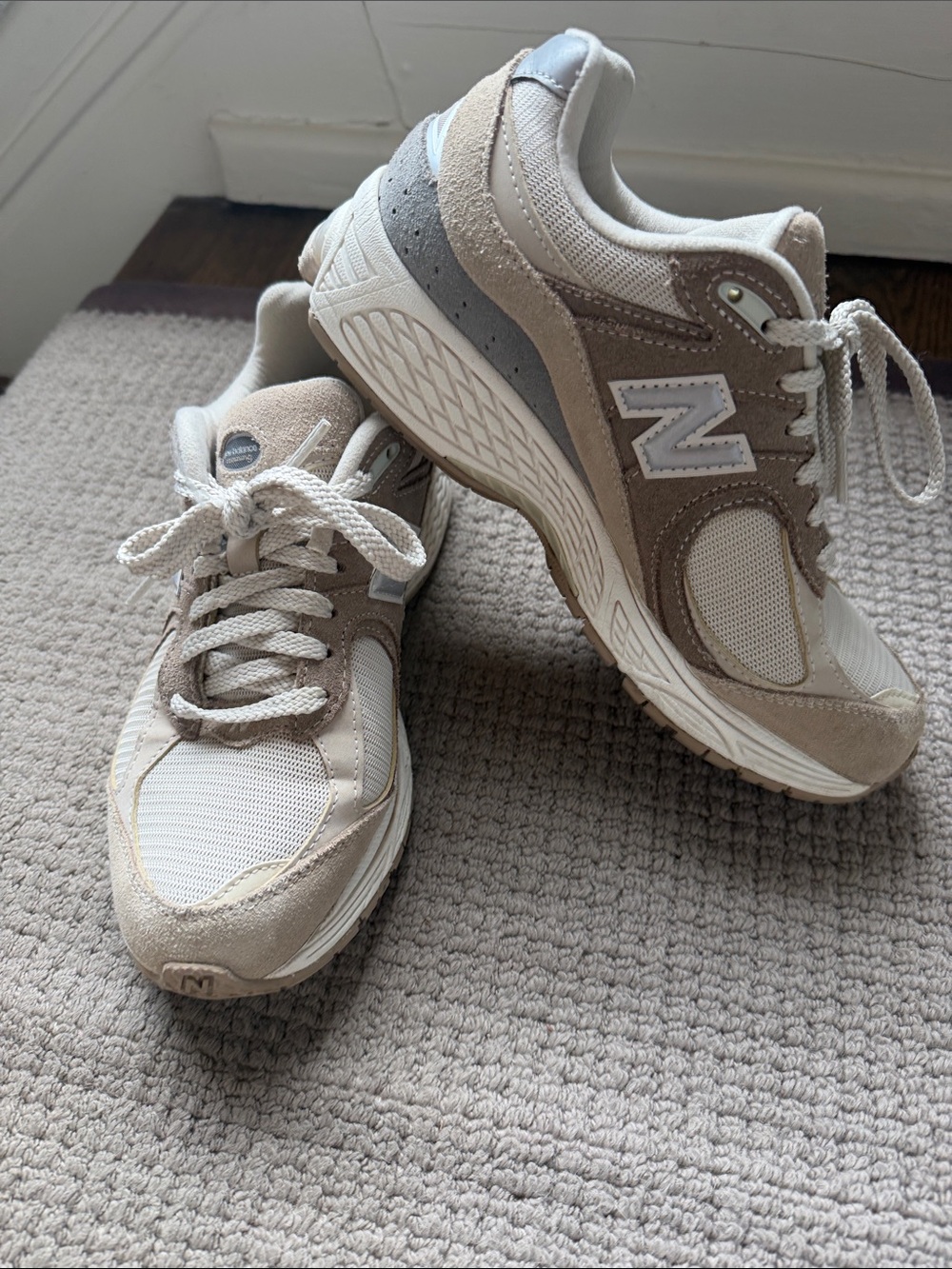 New Balance Women's Beige and Cream Suede Mesh Sneaker
